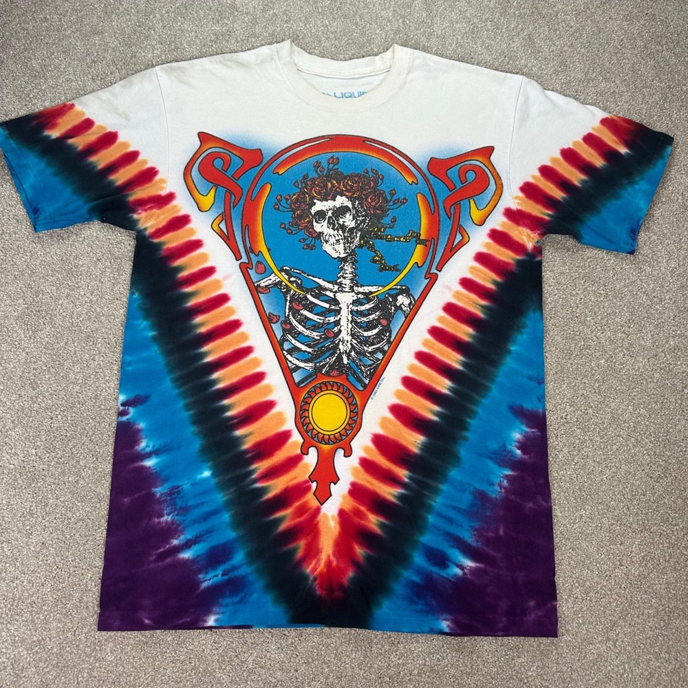 Grateful Dead Liquid Blue Tie Dye T Shirt Steal Your Face Skeleton Roses‎ Medium